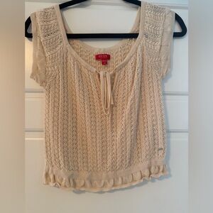 GUESS Cream Open-Knit Tie-Neck Short Sleeve Top